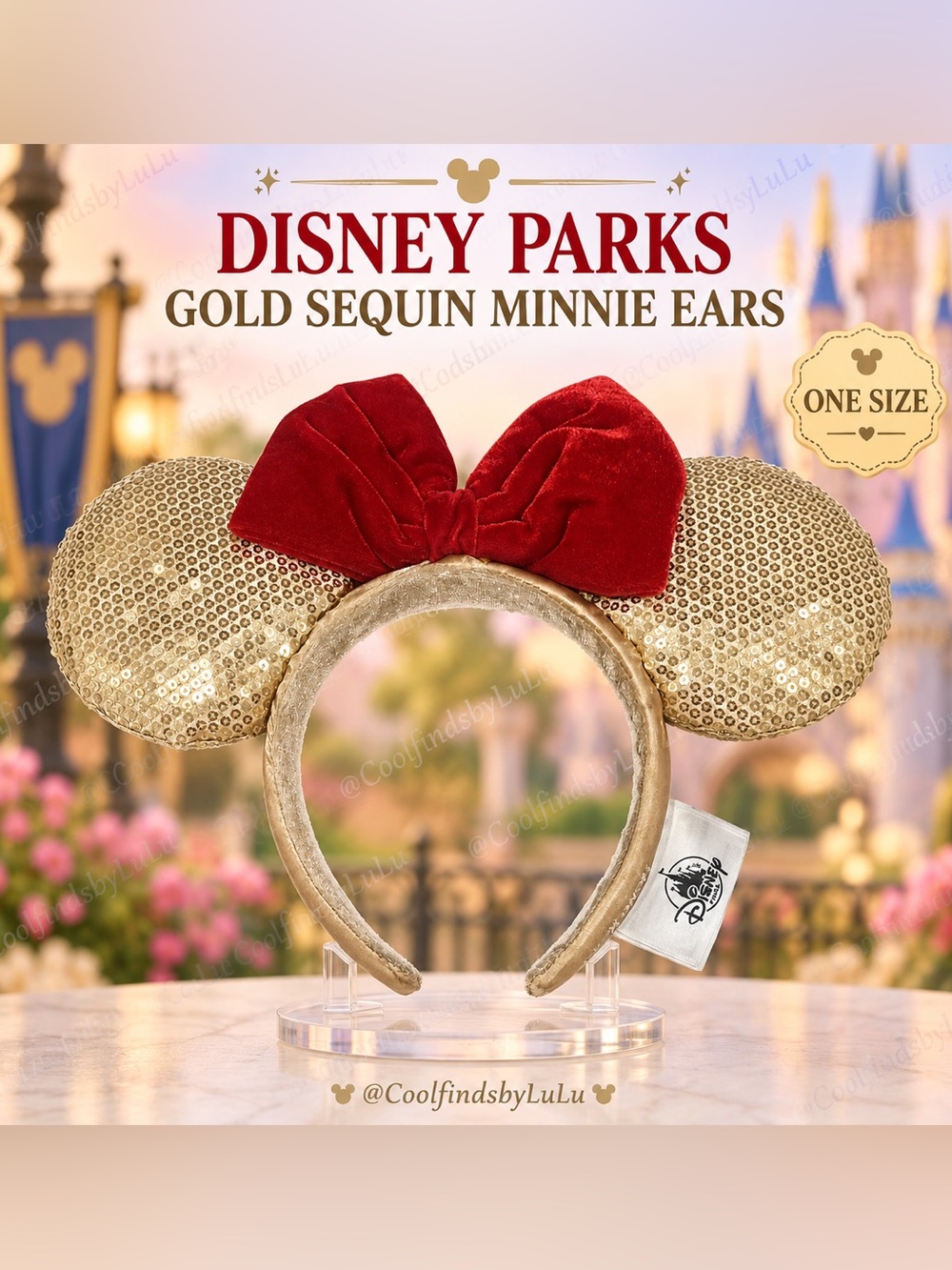 Disney Parks Gold Sequin Minnie Ears with Red Velvet Bow – One Size